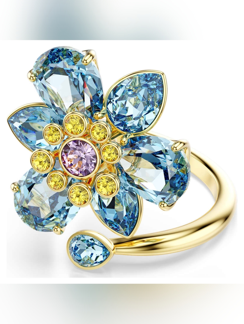 Swarovski Idyllia open ring - Mixed cuts, Flower, Blue, Gold-tone plated